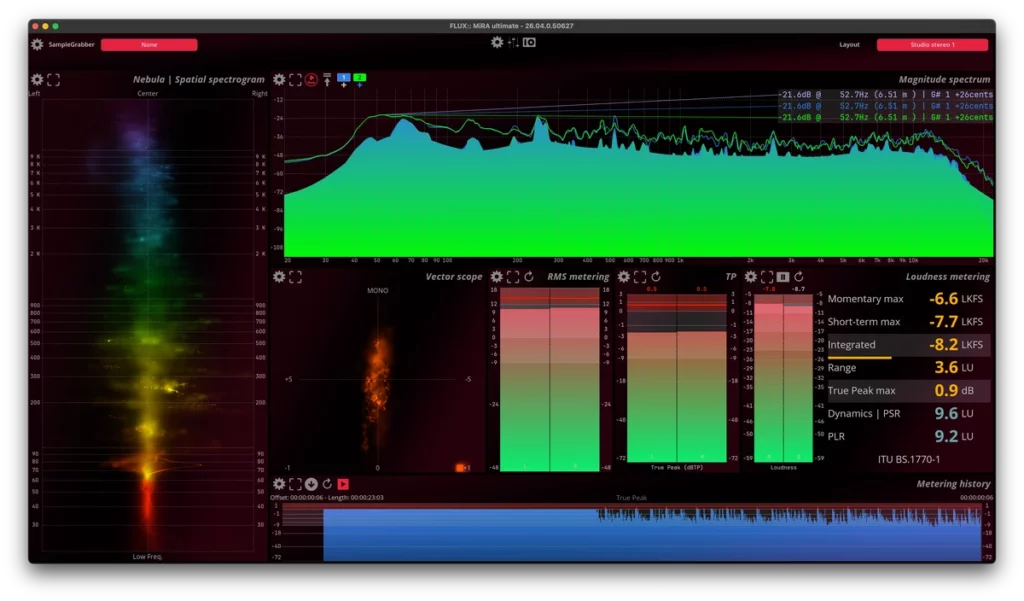 Configuration FLUX MiRA analyseur audio avec spectre, loudness et metering en studio Configuration FLUX MiRA analyseur audio avec spectre, loudness et metering en studio