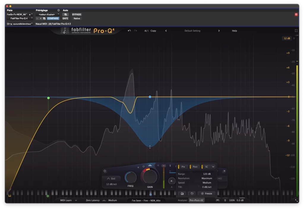 FabFilter Pro-Q 4 utilisé pour corriger les résonances d’une voix enregistrée à distance