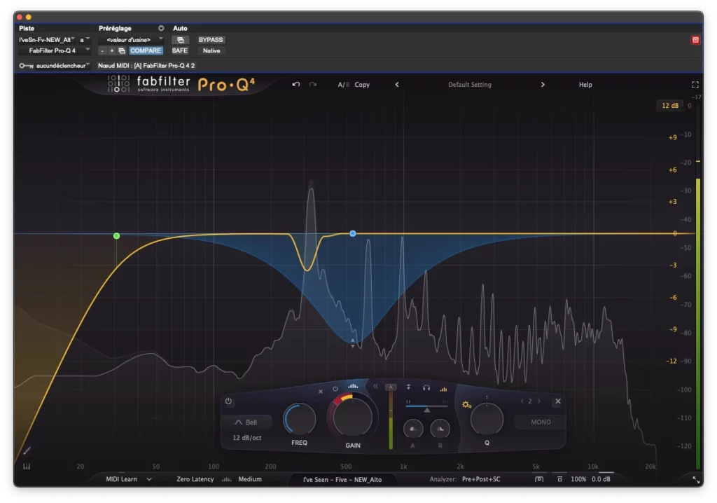 Égalisation dynamique FabFilter Pro-Q 4 appliquée à une fréquence ciblée