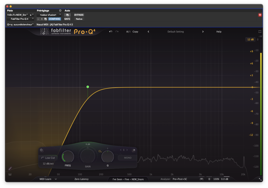 Filtre coupe-bas du FabFilter Pro-Q 4 avec une pente très prononcée