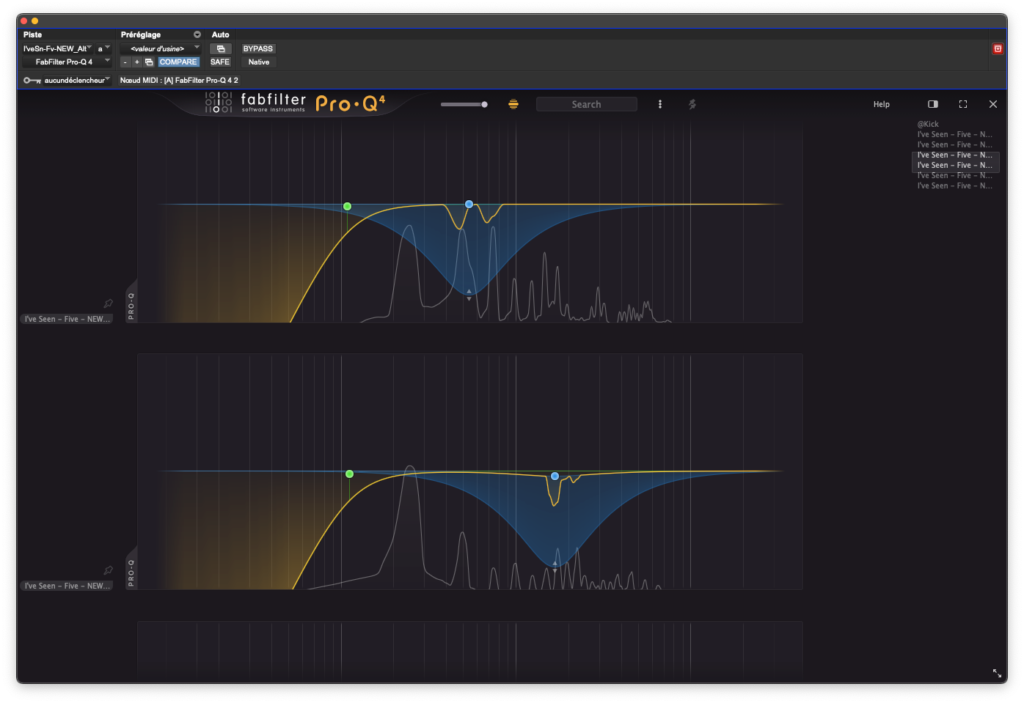 Liste des instances FabFilter Pro-Q 4 dans une session professionnelle de mixage