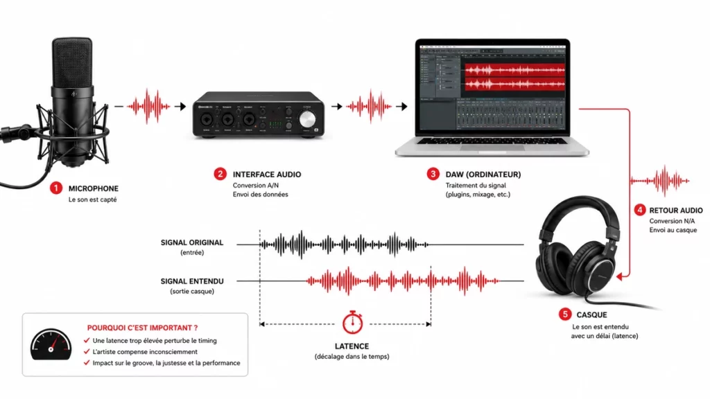 Schéma de la latence en studio montrant le trajet du signal entre microphone, interface audio, DAW et casque, avec le décalage entre le signal original et le son entendu.