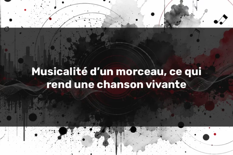 Illustration artistique de la musicalité d’un morceau avec onde sonore fluide, disque rouge, textures abstraites noires et grises, représentant le naturel sonore et l’émotion musicale.
