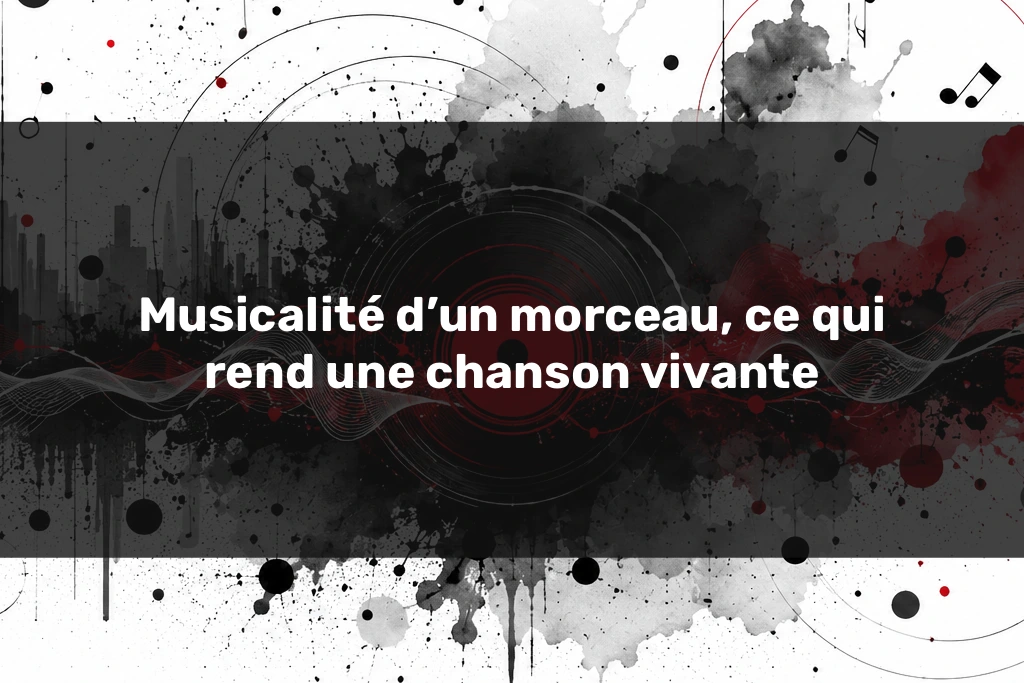 Illustration artistique de la musicalité d’un morceau avec onde sonore fluide, disque rouge, textures abstraites noires et grises, représentant le naturel sonore et l’émotion musicale.