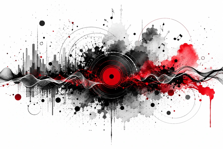 Visuel abstrait sur la musicalité avec disque rouge central, ondes sonores organiques, éclaboussures noires et grises, évoquant un morceau vivant et naturel.