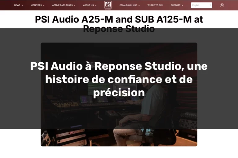 Capture de l’article PSI Audio consacré à Reponse Studio, avec le système PSI Audio A25-M et SUB A125-M installé dans le studio.