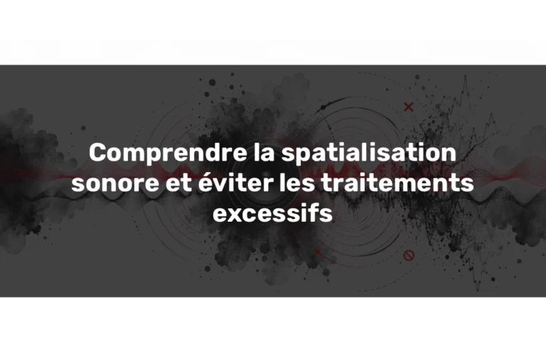 Spatialisation sonore illustrée par une enceinte centrale, des ondes stéréo rouges et noires et des distorsions symbolisant les problèmes de phase.