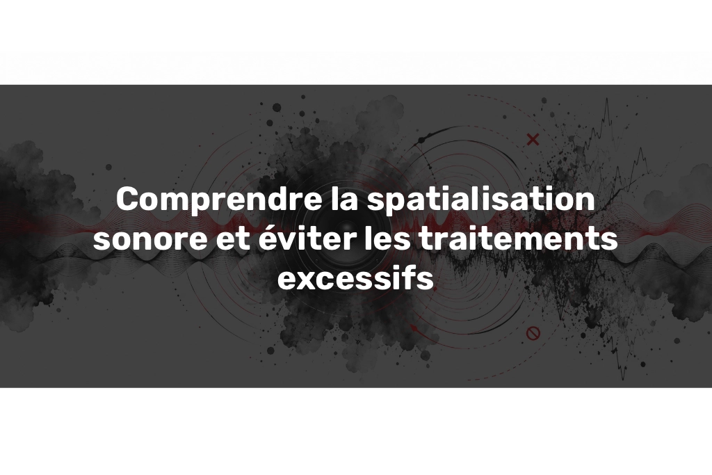 Spatialisation sonore Spatialisation sonore illustrée par une enceinte centrale, des ondes stéréo rouges et noires et des distorsions symbolisant les problèmes de phase.