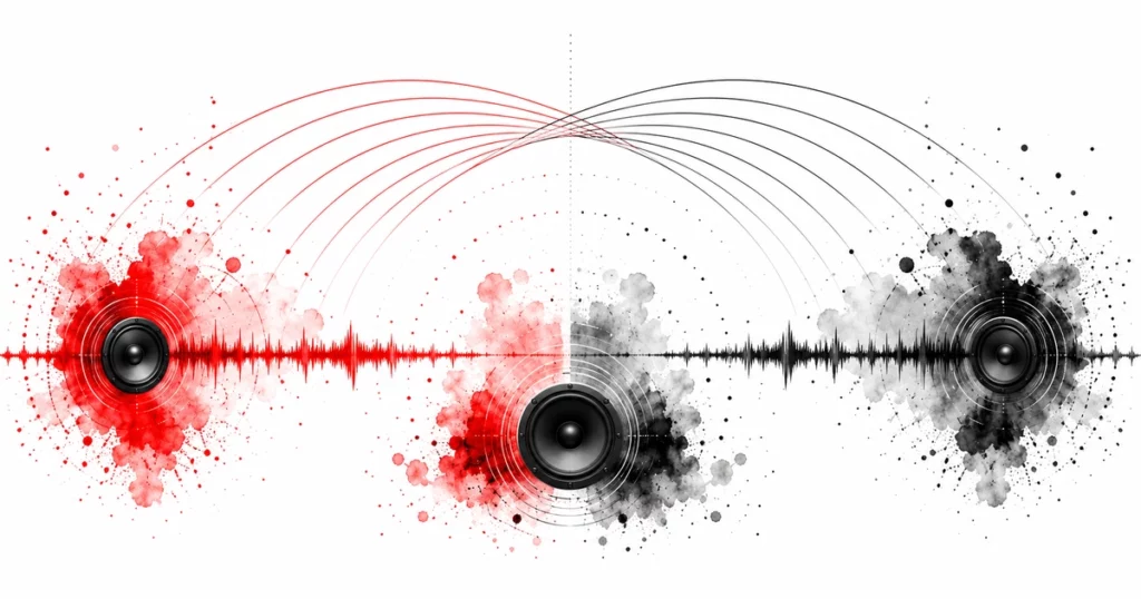 Spatialisation stéréo du son illustrée par deux enceintes, des ondes gauche et droite et un point central représentant l’image stéréo.