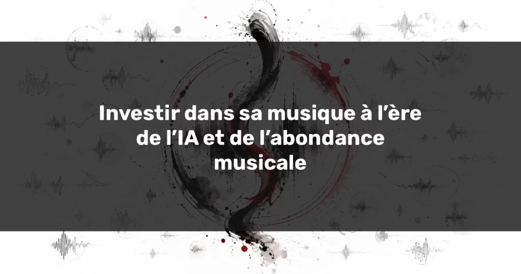 l’investissement dans sa musique face à l’IA Illustration abstraite de l’investissement dans sa musique face à l’IA, avec une forme sonore centrale riche en noir et rouge entourée de nombreuses ondes plus légères symbolisant l’abondance musicale.