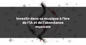 Illustration abstraite de l’investissement dans sa musique face à l’IA, avec une forme sonore centrale riche en noir et rouge entourée de nombreuses ondes plus légères symbolisant l’abondance musicale.