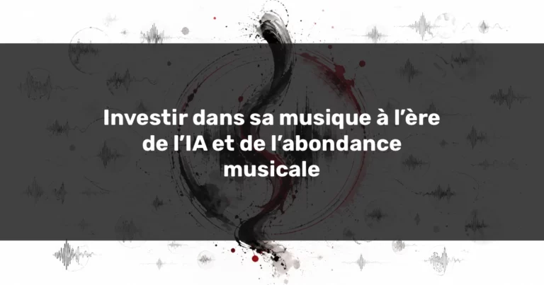 Illustration abstraite de l’investissement dans sa musique face à l’IA, avec une forme sonore centrale riche en noir et rouge entourée de nombreuses ondes plus légères symbolisant l’abondance musicale.