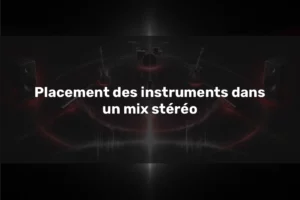 Placement des instruments dans un mix stéréo représenté par une batterie, des guitares, des claviers et une voix répartis entre deux enceintes dans un espace sonore artistique.