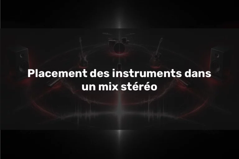 Placement des instruments dans un mix stéréo représenté par une batterie, des guitares, des claviers et une voix répartis entre deux enceintes dans un espace sonore artistique.