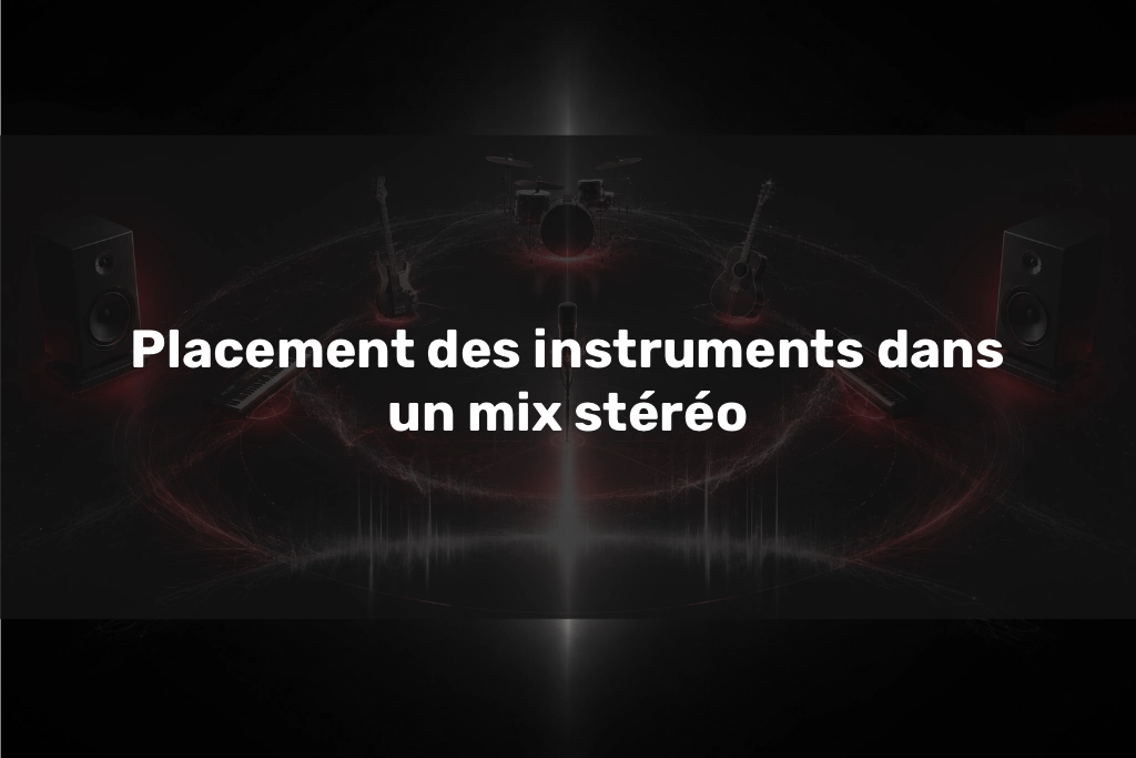 Placement des instruments dans un mix stéréo représenté par une batterie, des guitares, des claviers et une voix répartis entre deux enceintes dans un espace sonore artistique.