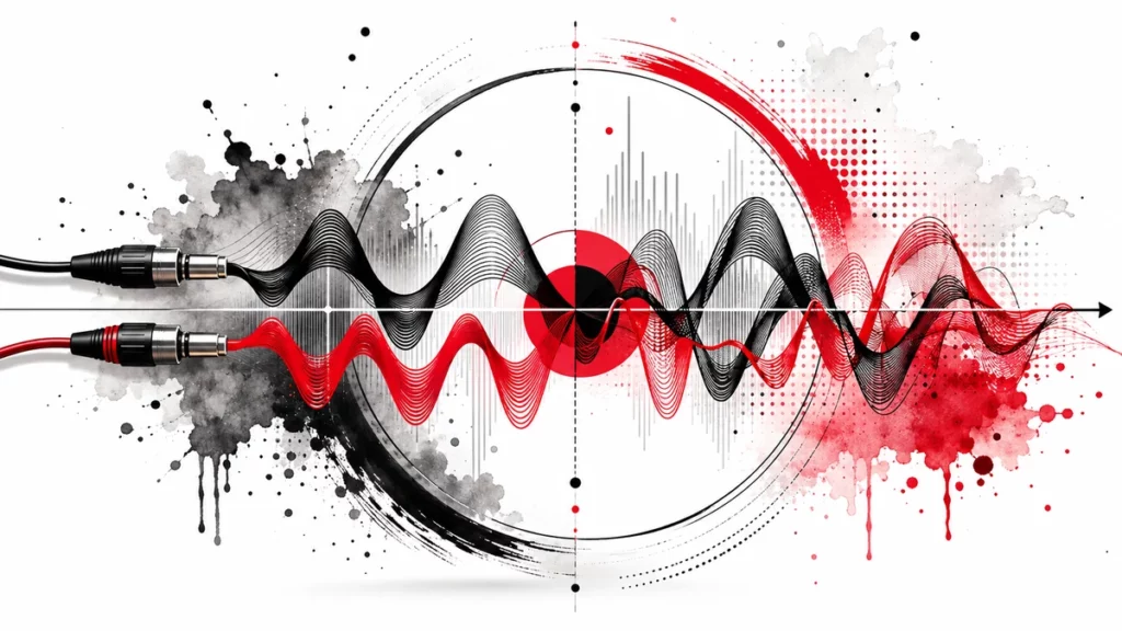 Problème de phase audio Problème de phase audio illustré par deux ondes désalignées en rouge et noir.