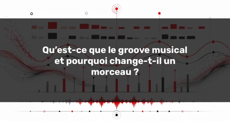 Illustration abstraite du groove musical sur fond blanc avec courbes rythmiques rouges et noires, blocs de notes, barres de vélocité et forme d’onde audio stylisée.