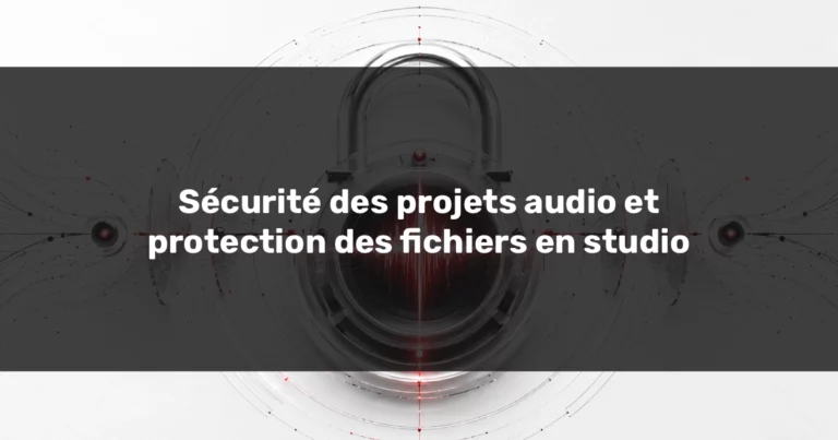 Sécurité des projets audio représentée par un cadenas protégeant une onde sonore au cœur d’une infrastructure contrôlée.