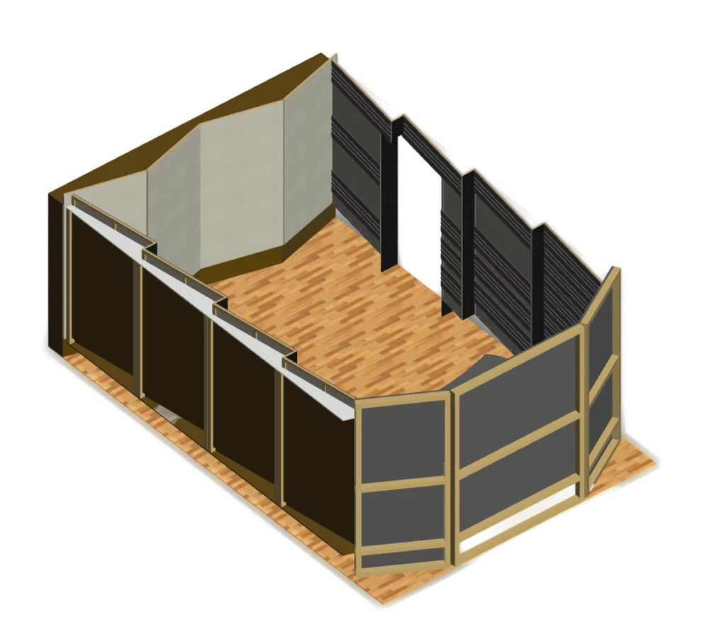 Plan 3D du traitement acoustique de la control room de Reponse Studio Plan 3D du traitement acoustique de la control room de Reponse Studio, avec ses parois absorbantes et diffusantes.