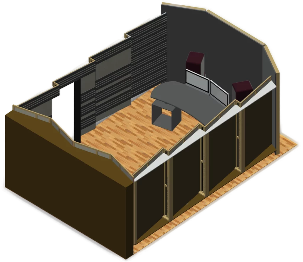 Plan 3D de la control room de Reponse Studio Plan 3D de la control room de Reponse Studio montrant la console, les moniteurs et l’intégration du traitement acoustique.
