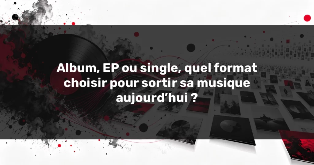 Album, EP ou single Album, EP ou single illustrés par un vinyle, des ondes rouges et un vaste catalogue musical.