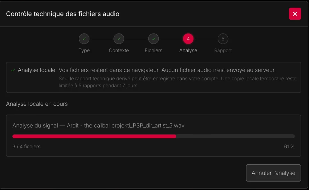 Analyse de fichiers audio locale en cours dans RS Audio Preflight