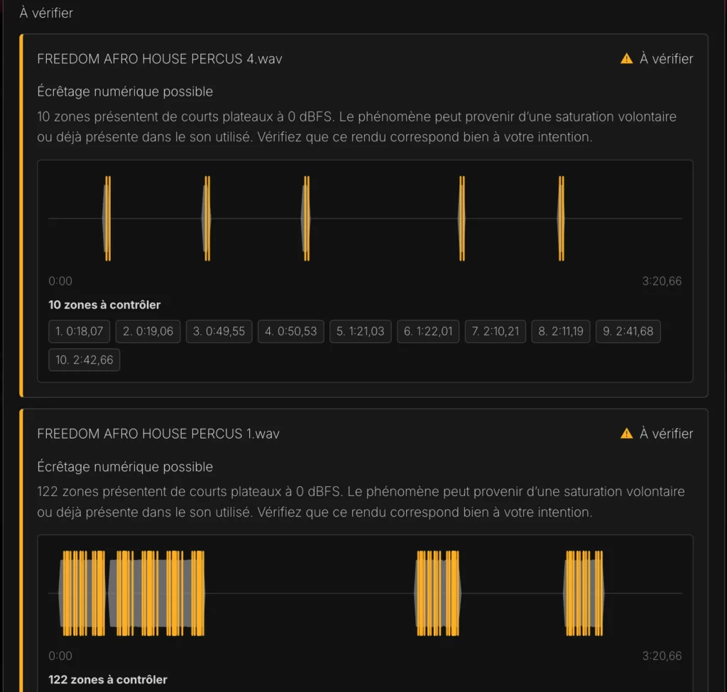 Zones d’écrêtage numérique repérées dans l'analyse audio sur des pistes avant le mixage