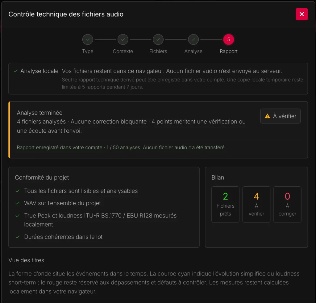 Rapport de fin d'analyse du fichier audio RS Audio Preflight avec fichiers prêts, à vérifier et à corriger.