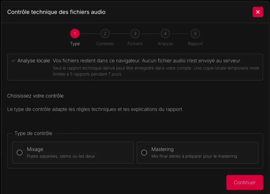 Choix du profil Mixage ou Mastering dans l'analyse de fichiers audio