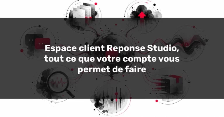 Espace client Reponse Studio illustré par un réseau abstrait reliant fichiers, échanges et outils audio.