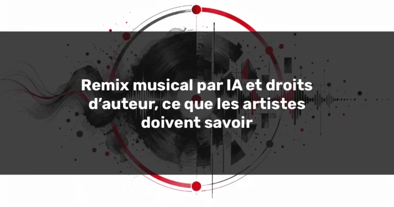 Remix musical par IA illustré par un disque vinyle, des ondes sonores et un cercle rouge protecteur.